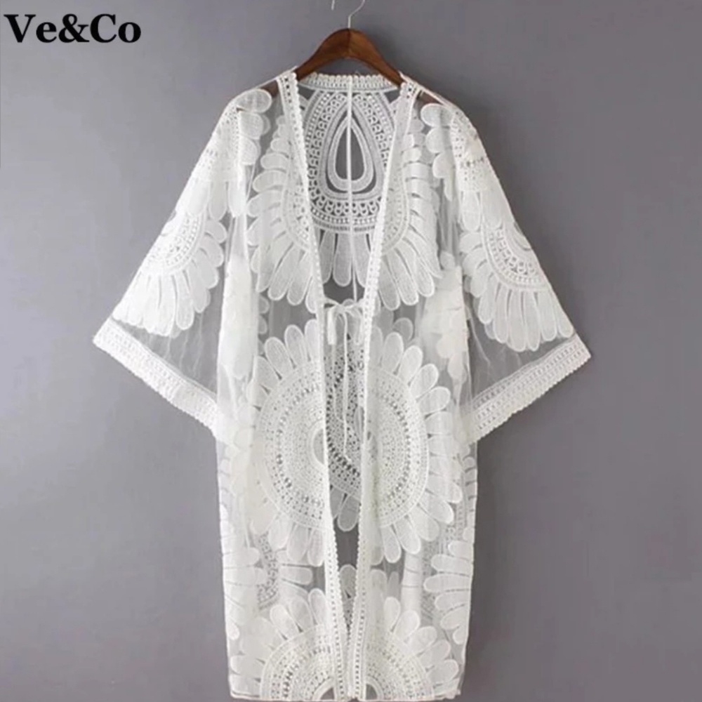 Sheer Soft Kimono Cotton Embroidered Beach Cover - Picture 5 of 8